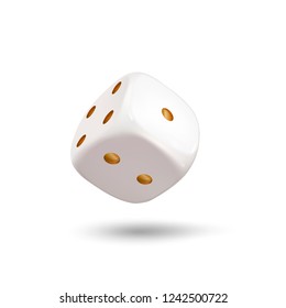 Dice. White playing dice with gold dots on a white background. 3d effect Vector illustration.