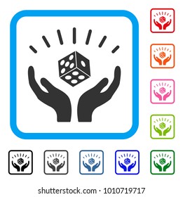 Dice Win Hands icon. Flat gray iconic symbol in a blue rounded rectangular frame. Black, grey, green, blue, red, pink color versions of dice win hands vector. Designed for web and app interfaces.