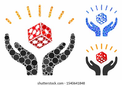 Dice win hands mosaic of spheric dots in different sizes and color hues, based on dice win hands icon. Vector round dots are organized into blue illustration.