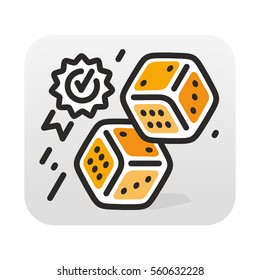 Dice and winner emblem with tick. Vector linear online-gaming icon.