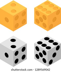 Dice yellow and white color isometry. Vector illustration on white isolated background.