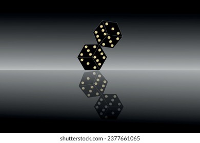 Dice.Casino banner. Black casino dice reflected on a glass background. Dice for gambling, for roulette or poker. Gambling concept. Vector illustration.