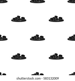 Diced cheese feta with tomatoes and olives on the cutting board icon in black style isolated on white background. Greece pattern stock vector illustration.