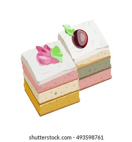 Diced layer cakes isolate on white background, vector illustration.