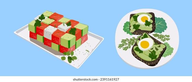 diced salad and sandwiches with avocado in vector. egg, bread, greens, plate, watermelon, cheese, cucumber in semi-realistic style. objects for menu design for cafe bar restaurant application website 
