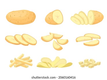 Diced and sliced potatoes set. Yellow vegetable for making chips and frying staple for agriculture round wedges for side dish and nutritious delicious diet. Vector cartoon harvest.