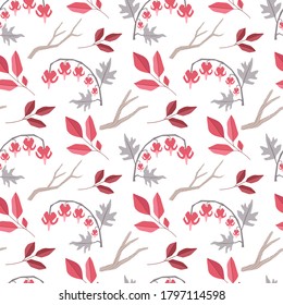 Dicentra flower and red leaves on a white background. Summer and autumn plants, seamless pattern