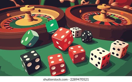 Dices between two roulette wheels on the table, casino background, 2d illustration.