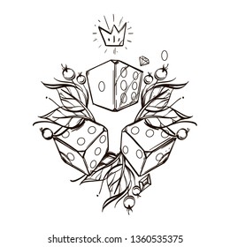 Dices decorated with leaves. Outline vector illustration isolated on white background for tattoos, coloring and much more.