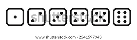 Dices icons set. Dice Faces, Diceline icons collection. Traditional die with six faces of cube marked with different numbers of dots or pips. Vector illustration.