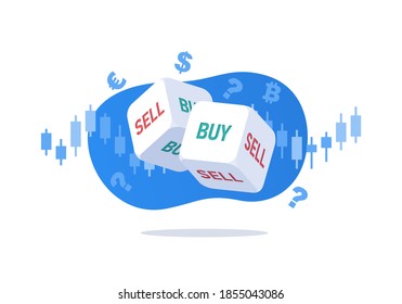 Dices For Indications To Buy Or Sell. A Guide For Decision Making In Uncertain Circumstances. Forecast Of Changes In World Indices And Currencies. Vector Illustration.