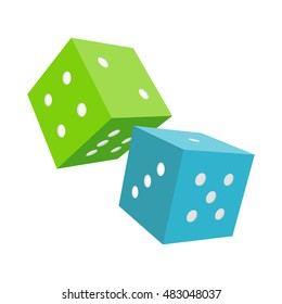 Dices isolated on a white background. Blue and green falling dices. Make wagers on the outcome of roll of a pair of dice. Gambling luck, fortune and bet, risk and leisure, jackpot chance. Vector