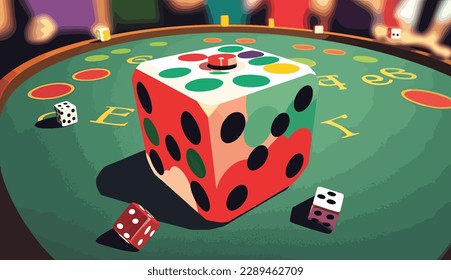 Dices on table, casino background, colorful illustration.