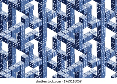 Dices seamless pattern. Repetitive vector illustration of isometric blue dices. EPS 10.