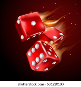 Dices set with flame on dark background