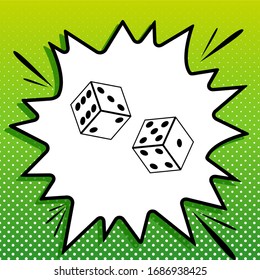 Dices sign. Black Icon on white popart Splash at green background with white spots. Illustration.