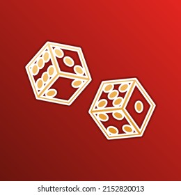 Dices sign. Golden gradient Icon with contours on redish Background. Illustration.