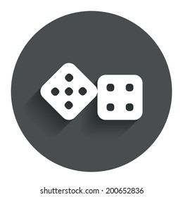 Dices sign icon. Casino game symbol. Circle flat button with shadow. Modern UI website navigation. Vector