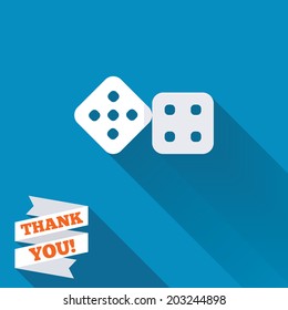 Dices sign icon. Casino game symbol. White flat icon with long shadow. Paper ribbon label with Thank you text. Vector