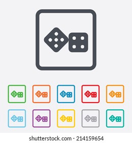 Dices sign icon. Casino game symbol. Round squares buttons with frame. Vector