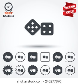 Dices sign icon. Casino game symbol. Circle, star, speech bubble and square buttons. Award medal with check mark. Thank you ribbon. Vector