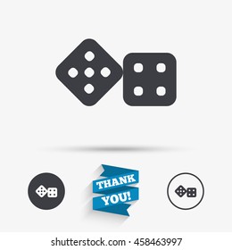 Dices sign icon. Casino game symbol. Flat icons. Buttons with icons. Thank you ribbon. Vector