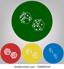Dices sign. Vector. 4 white styles of icon at 4 colored circles on light gray background.
