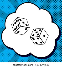 Dices sign. Vector. Black icon in bubble on blue pop-art background with rays.