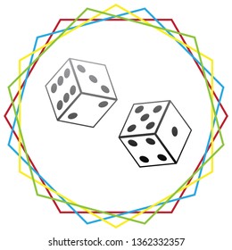 Dices sign. Vector. Black icon with patch of light inside colorful hexagonal frames at white background.
