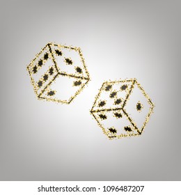 Dices sign. Vector. Blackish icon with golden stars at grayish background.