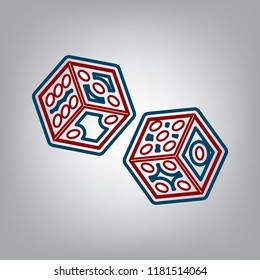 Dices sign. Vector. Dark red, transparent and midnight green stroke of white icon at grayish background.