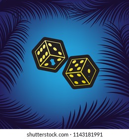 Dices sign. Vector. Golden icon with black contour at blue background with branches of palm trees.