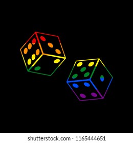 Dices sign. Vector. Icon with colors of LGBT flag at black background.