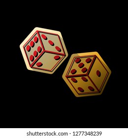 Dices sign. Vector. Red icon with small black and limitless shadows at golden sticker on black background.