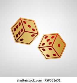 Dices sign. Vector. Red icon on gold sticker at light gray background.