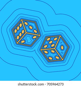 Dices sign. Vector. Sand color icon with black contour and equidistant blue contours like field at sky blue background. Like waves on map - island in ocean or sea.