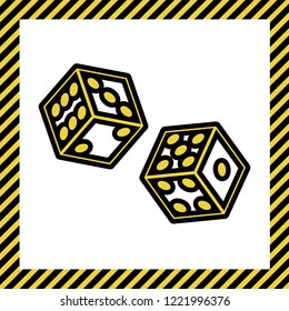 Dices sign. Vector. Warm yellow icon with black contour in frame named as under construction at white background. Isolated.