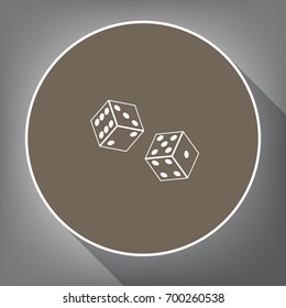 Dices sign. Vector. White icon on brown circle with white contour and long shadow at gray background. Like top view on postament.