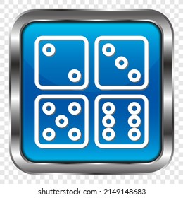 Dices simple icon, vector. Flat design. Metal, blue square button. Transparent grid.ai