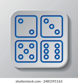 Dices simple icon, vector. Flat design. Paper cut design. Cutted blue symbol with shadow. Gray badge button, gray background.ai