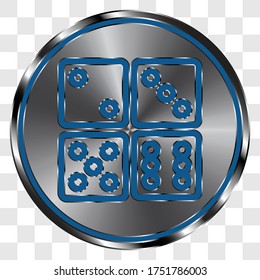 Dices simple icon, vector on metal round button. Transparent grid
