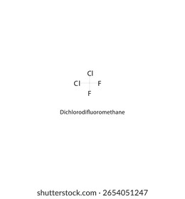 Estrutura esquelética do diclorodifluorometano. ilustração esquemática do composto de metano halogêneo. Diagrama simples, fórmula química.