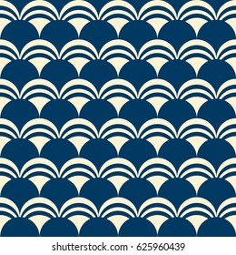 Dichromatic seamless pattern with repeating chains of blue and white semicircles flat vector illustration