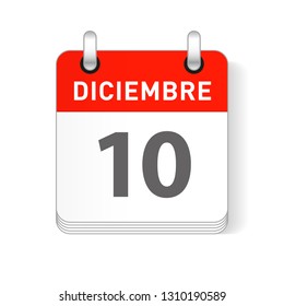 Diciembre 10, December 10 date visible on a page a day organizer calendar in spanish Language