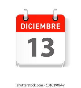 Diciembre 13, December 13 date visible on a page a day organizer calendar in spanish Language