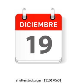 Diciembre 19, December 19 date visible on a page a day organizer calendar in spanish Language