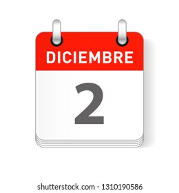 Diciembre 2, December 2 date visible on a page a day organizer calendar in spanish Language