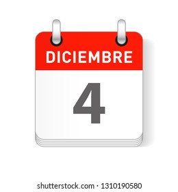 Diciembre 4, December 4 date visible on a page a day organizer calendar in spanish Language