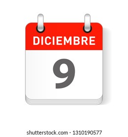 Diciembre 9, December 9 date visible on a page a day organizer calendar in spanish Language