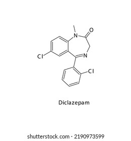 Diclazepam Molecule Flat Skeletal Structure, Benzodiazepine Class Drug Used As Anxiolytic, Anticonvulsant, Sedative, Hypnotic Agent. Vector Illustration On White Background.